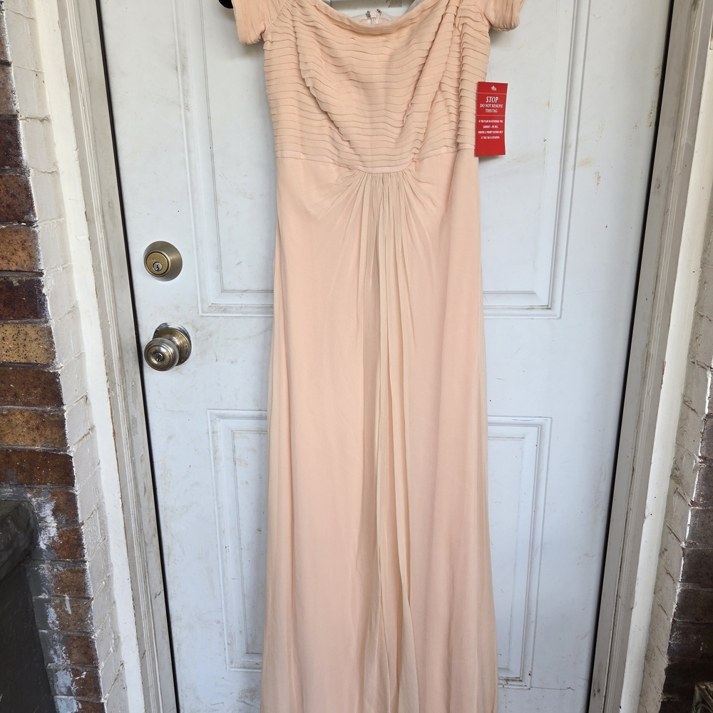 Tadashi Shoji Tan and Orange Flutter Sleeve Prom Gown